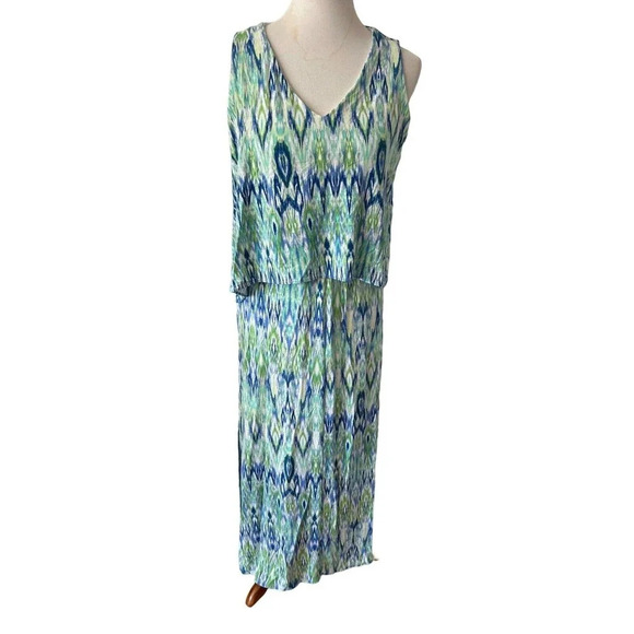 Chicos Sleeveless Maxi Dress Size 4 Blue Green Ikat Print Summer Boho Resort - Picture 1 of 12